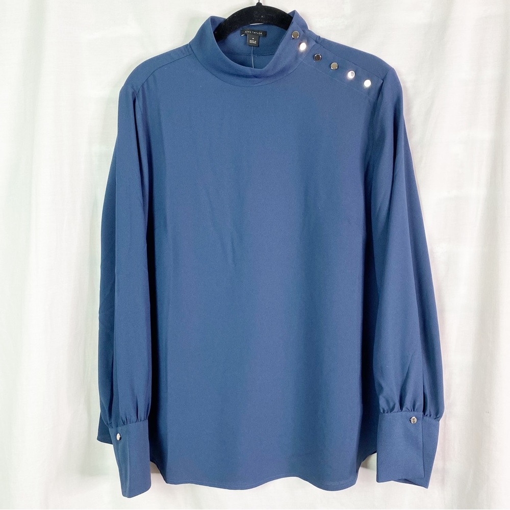 Ann Taylor Teal Blue Button Neck Balloon Sleeve Blouse NEW Med